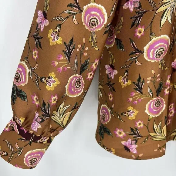 Loft Top Size Small Rust Mix Floral Print Long Sleeve Henley Top Puff Sleeve - Picture 6 of 10